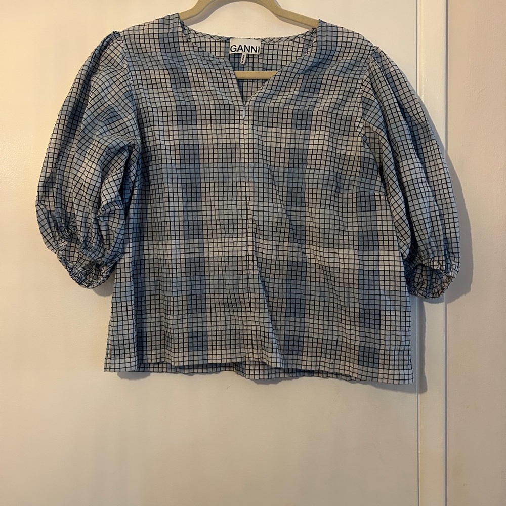 Ganni Blue Puff Sleeve Blouse